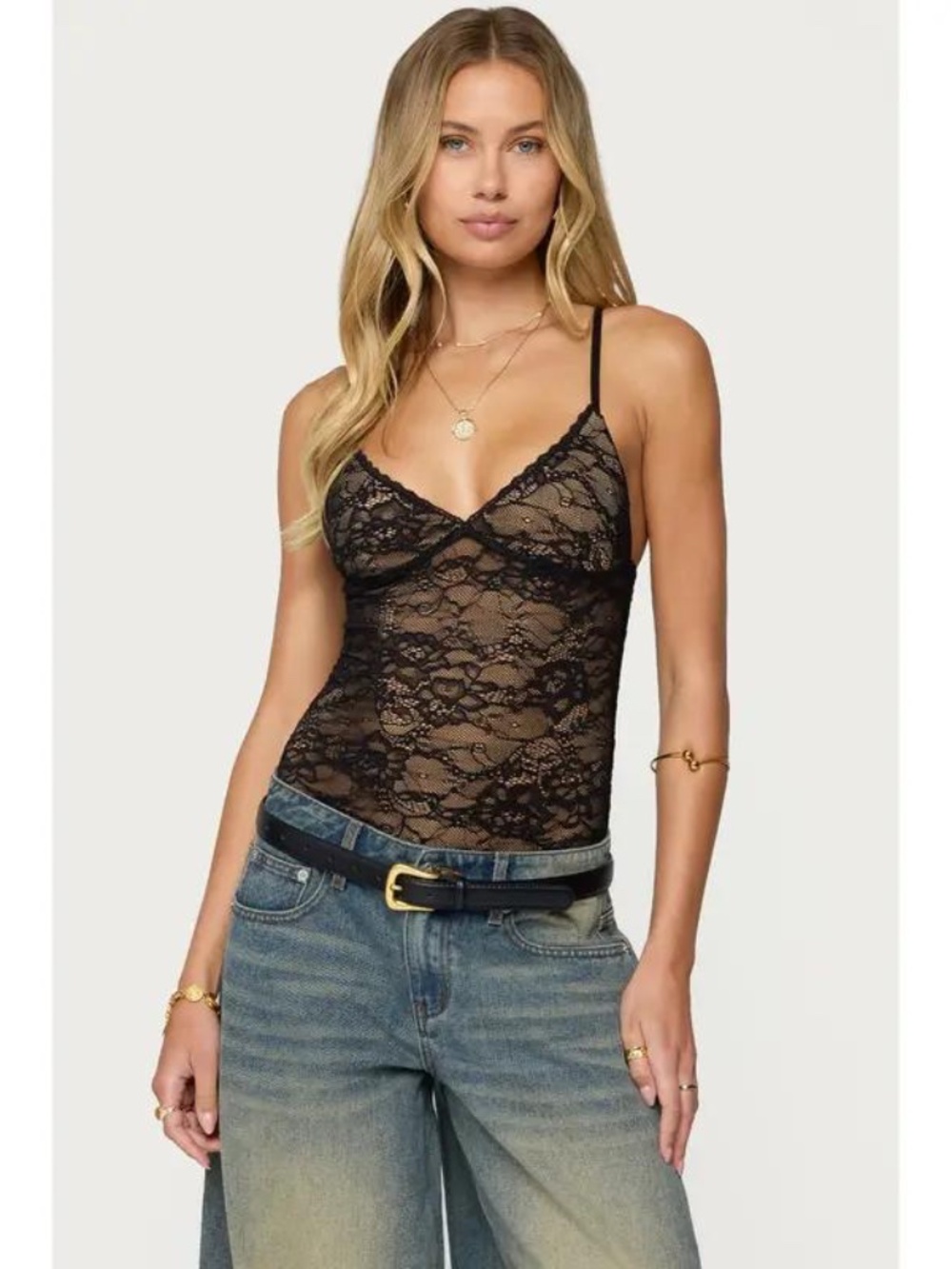 NWT Edikted Black Floral Lace Bodysuit with Nude Lining – Size Medium